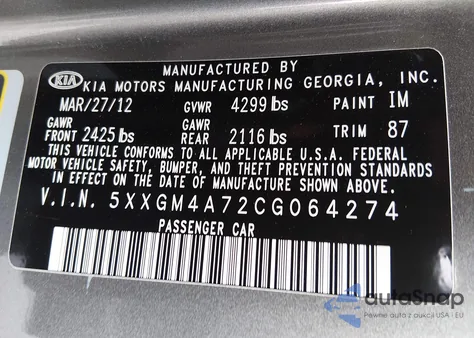2012 Kia Optima Lx from USA, damaged, VIN 5XXGM4A72CG064274